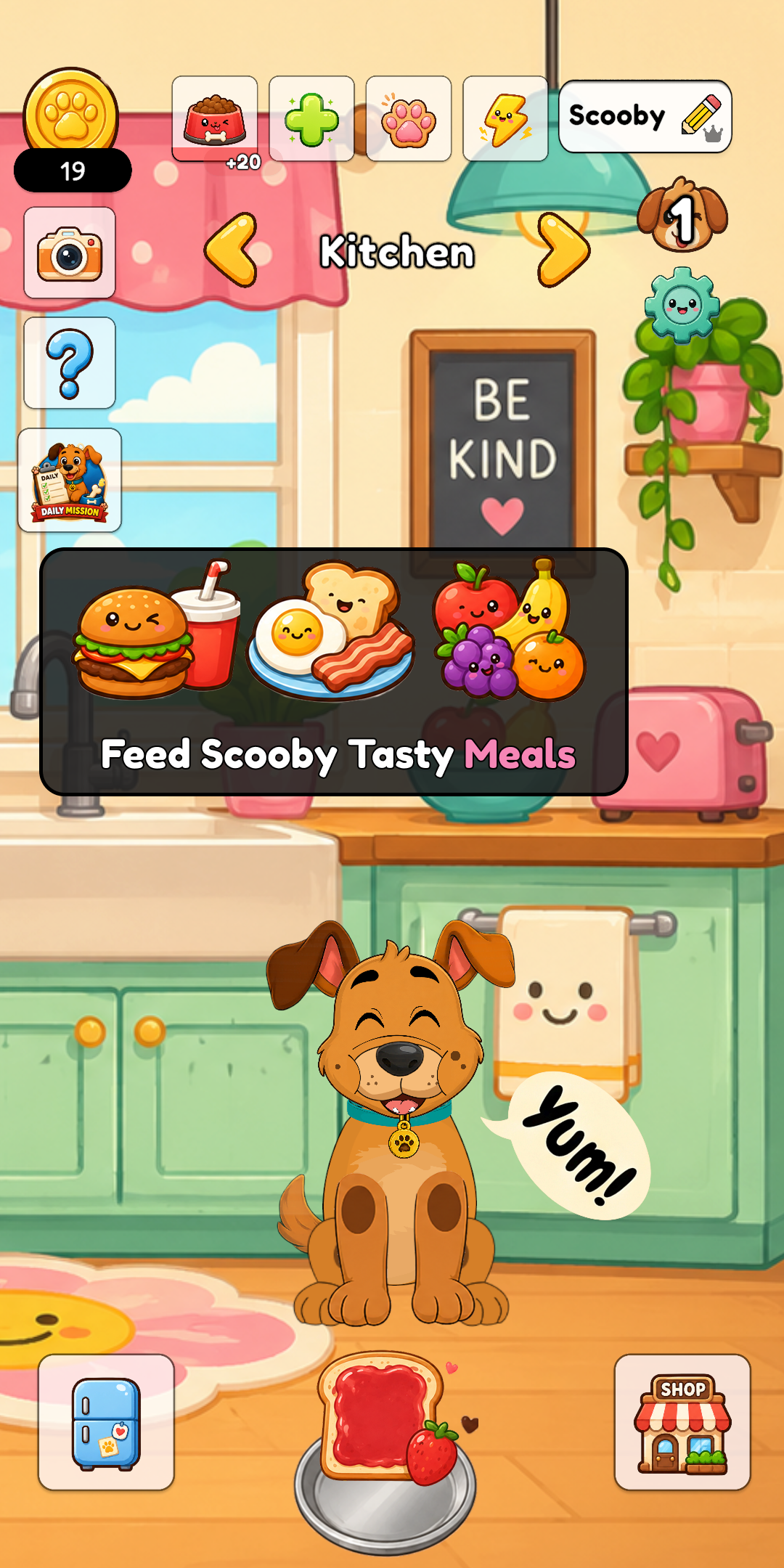 Feeding Scooby in the kitchen