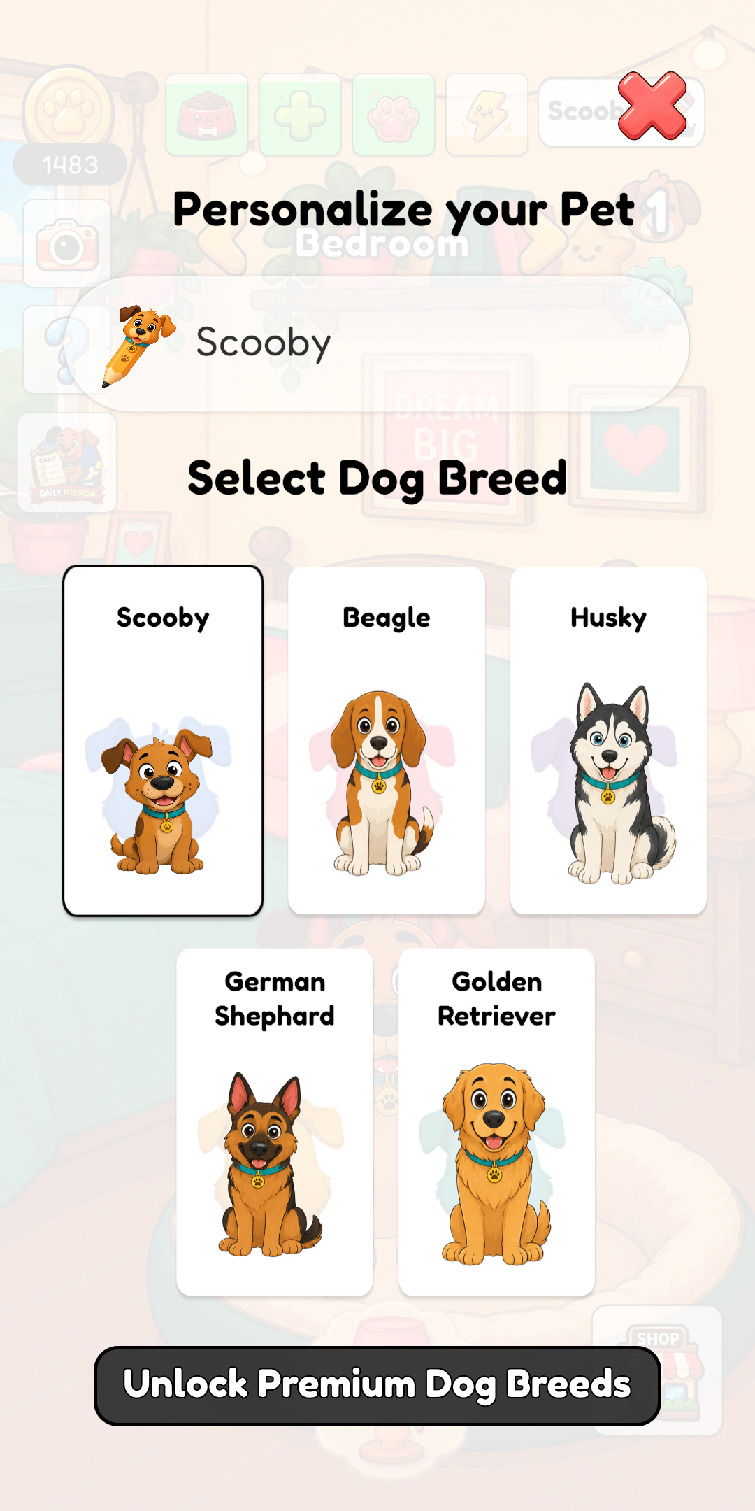 Choose your dog breed screen